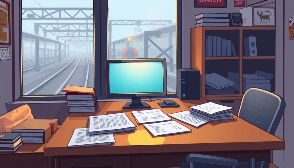 A contemporary illustration of "वेतन और भत्ते" (Salary and Allowances) in a railway apprenticeship setting. Show a detailed office interior with a desk, computer, and documents spread across it. Depict the desk from a slightly elevated angle, casting a warm, focused light on the workspace. Include subtle hints of the railway infrastructure in the background, such as train tracks or signal lights visible through a window. Convey a sense of professionalism and administrative diligence, with a clean, organized aesthetic. Avoid cluttered or distracting elements, maintaining a clear emphasis on the key components of the scene.