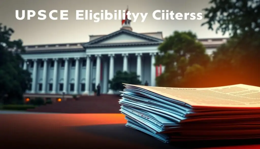 A detailed and visually striking illustration of the UPSC eligibility criteria. A stately government building in the background, its columns and facade conveying a sense of authority and tradition. In the foreground, a stack of official-looking documents, their pages meticulously organized, conveying the precise and meticulous nature of the UPSC application process. Subtle lighting casts a warm, authoritative glow over the scene, creating a sense of gravitas and importance. The overall composition is balanced and harmonious, with a clear hierarchy of elements that draws the viewer's eye to the key information. The resulting image should be both informative and visually compelling, capturing the essence of the UPSC eligibility requirements.