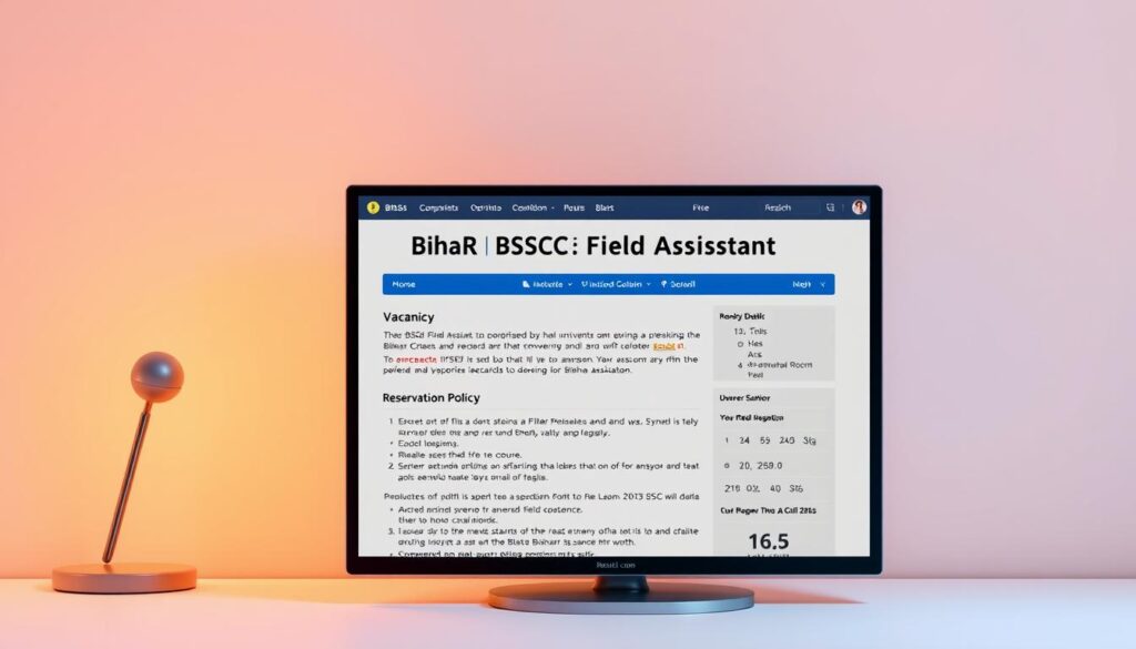 A detailed illustration of the "Bihar BSSC Field Assistant रिक्तियों का विवरण" on a sarkari result.com webpage. The image showcases the vacancy details and reservation policy in a clean, organized layout. Warm lighting illuminates a modern, minimalist design with bold headings, well-spaced text, and subtle data visualizations. The sleek, professional appearance conveys the official nature of the content. A desktop computer monitor or tablet display serves as the central focus, surrounded by a clean, neutral background that allows the information to take center stage.