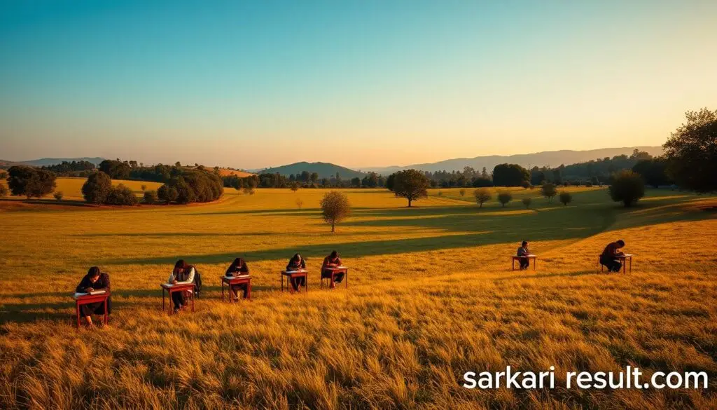 A dramatic and photorealistic landscape of a grassy field with a clear blue sky overhead. In the foreground, a group of students are seated at desks, focused on their examination papers. The field is dotted with trees and surrounded by rolling hills in the distance. Warm, golden lighting illuminates the scene, casting long shadows across the ground. The overall atmosphere is one of academic rigor and concentration. In the bottom right corner, the "sarkari result.com" brand name is visible.