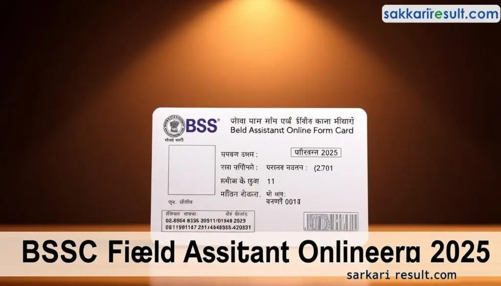 A high-resolution, photorealistic image of a BSSC Field Assistant Admit Card. The card is displayed against a subtle, blurred background with warm lighting, giving it a professional and official appearance. The card features the official BSSC logo, the candidate's name, roll number, and other key details. The text is clear and legible, with a balance of white space and design elements. The overall composition and attention to detail convey the importance and authenticity of the document. The image is suitable for use in an article about the BSSC Field Assistant Online Form 2025, specifically the "एडमिट कार्ड और परिणाम" section. The image is watermarked with the text "sarkari result.com" in a subtle, unobtrusive manner.
