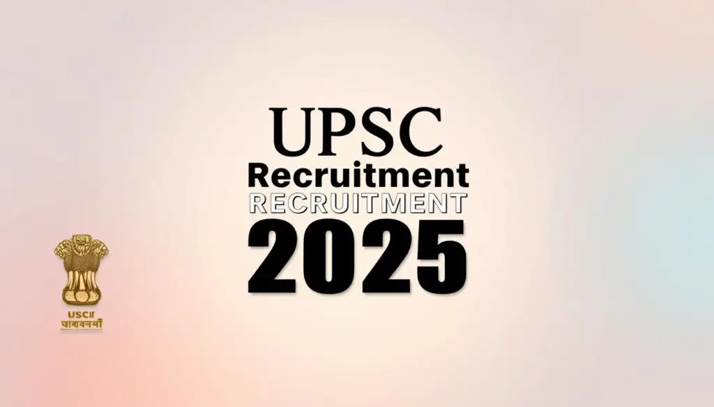 A vibrant, professional illustration featuring the text "UPSC Recruitment 2025" as the central focus. Set against a clean, elegant background with a subtle gradient, the text should be prominently displayed in a bold, legible font. The composition should balance formal, authoritative elements with a modern, eye-catching design. Lighting should be soft and even, creating a sense of confidence and prestige. The overall mood should convey a sense of opportunity, professionalism, and the prestige of the UPSC recruitment process.