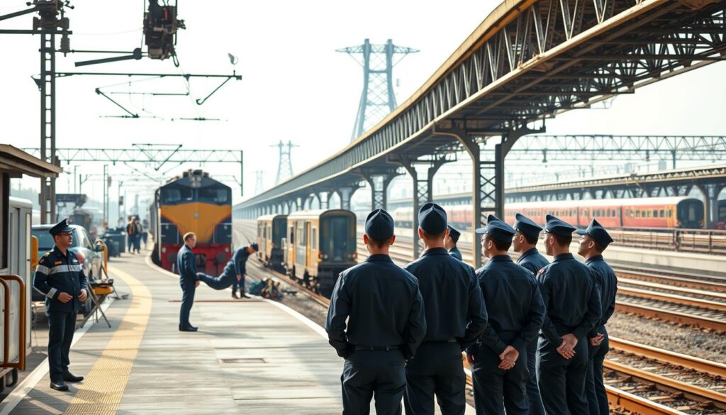 A well-lit scene depicting the employment opportunities that await railway apprentices after their training. In the foreground, a group of enthusiastic trainees in uniform stand proudly, gazing upon a bustling railway station platform. The middle ground features a modern locomotive engine and workers engaged in various railway operations, showcasing the diverse career paths available. In the background, a towering railway bridge and tracks recede into the distance, symbolizing the boundless possibilities for growth and advancement within the railway industry. The overall atmosphere conveys a sense of optimism, professionalism, and the rewarding future that awaits those who complete their railway apprenticeship.